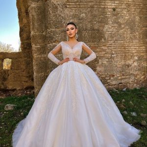 Nakış İşli İllüzyon Yaka Boncuklu Uzun Kol Simli Prenses Gelinlik